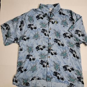 Men's VNTG Pineapple Moon Blue Hawaiian Button Down Shirt Size Large
